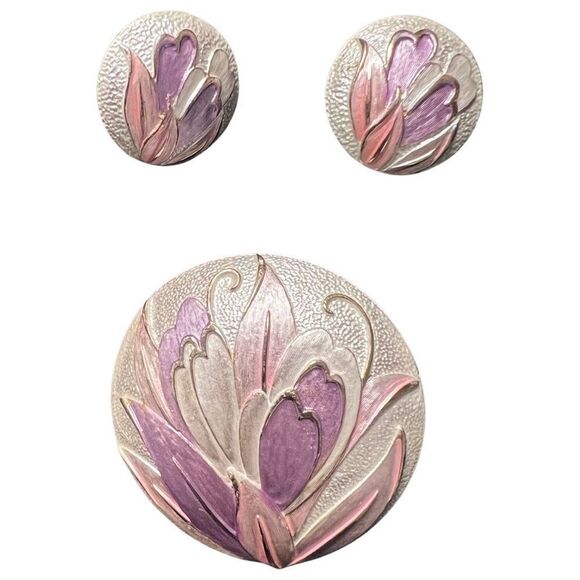 Post Modern Pastel Flower Dome Brooch & Clip In Floral Earrings Jewelry Set - Picture 1 of 6